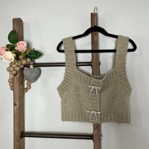 Zara Sage‎ Light Green Knit Top Wool Mix Jewel Bow Detail Size Small